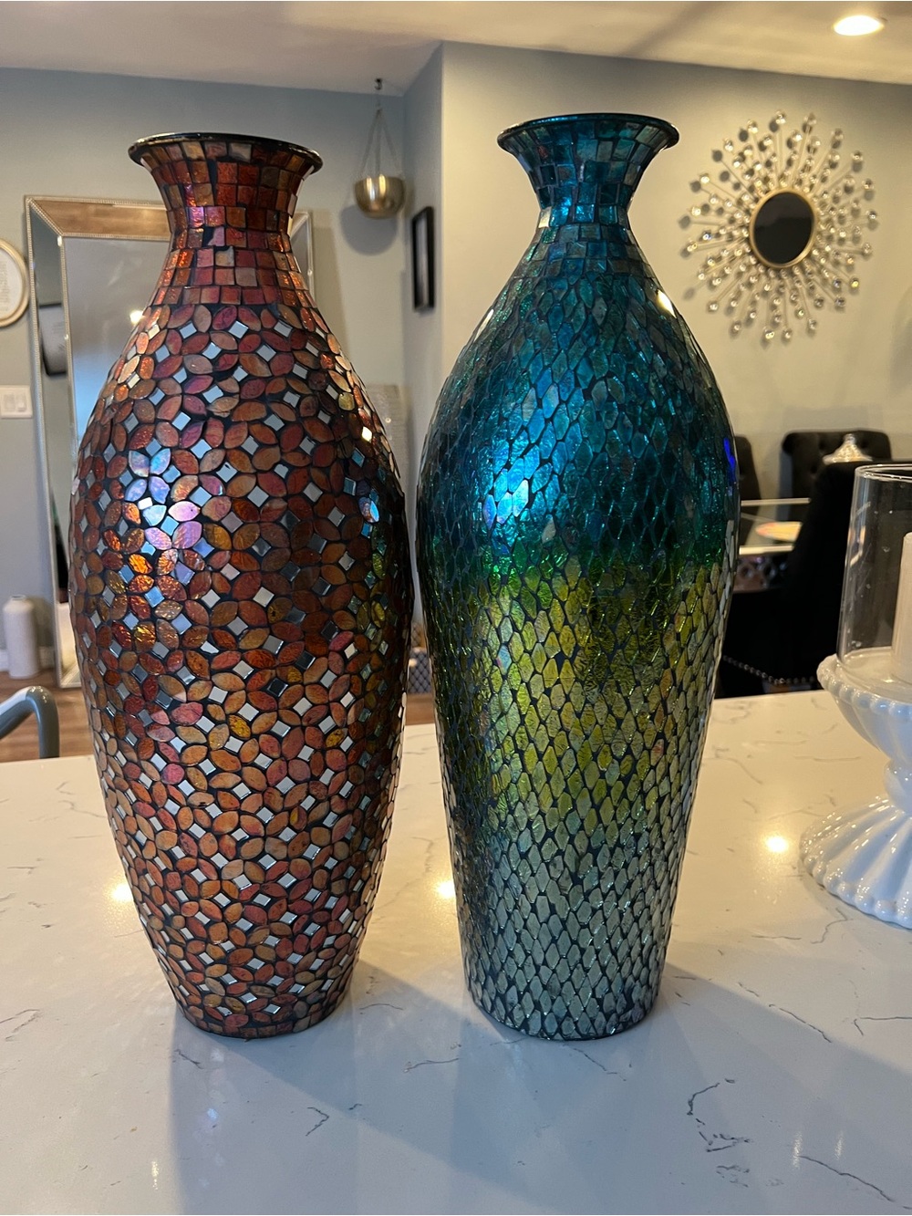 Iridescent Mosaic Glass Floor Vase - Blue and Copper 19”